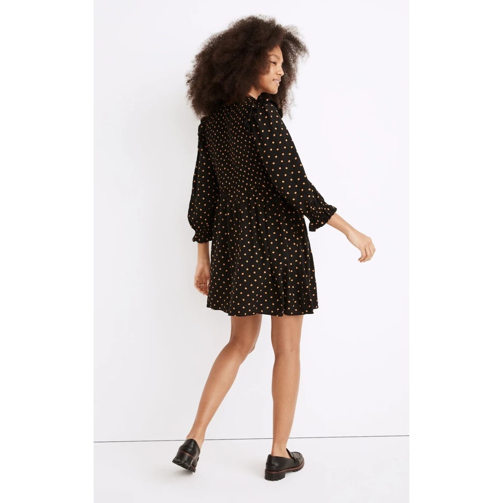 Madewell Lucie V-Neck Smocked Mini Dress Oval Dot Black Tan ND043 Size Medium - Picture 14 of 16